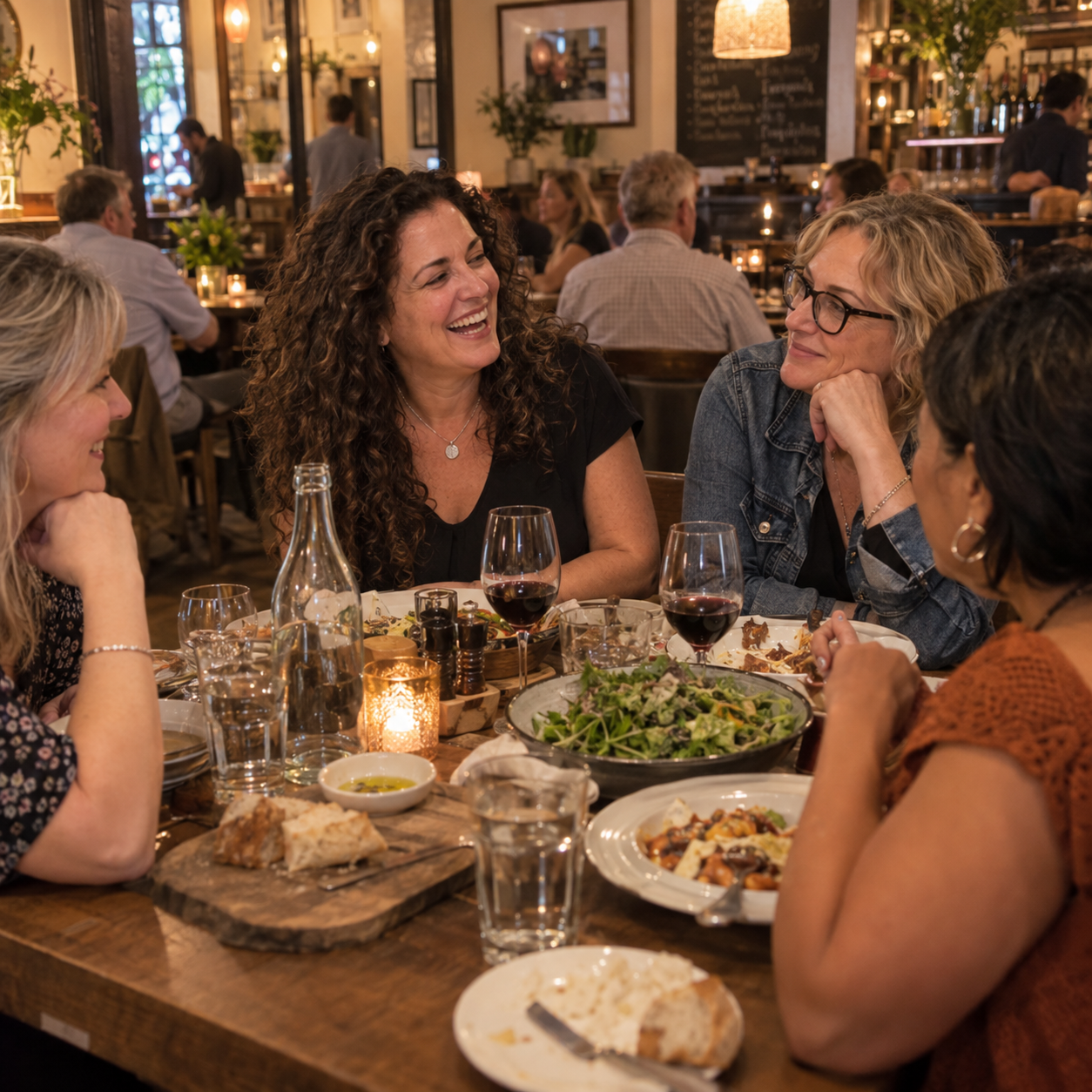 Woman enjoying dinner at a restaurant with friends
