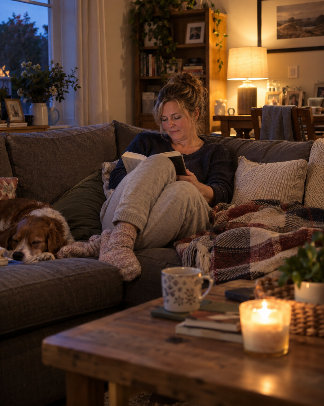 Woman relaxing at home during a normal evening