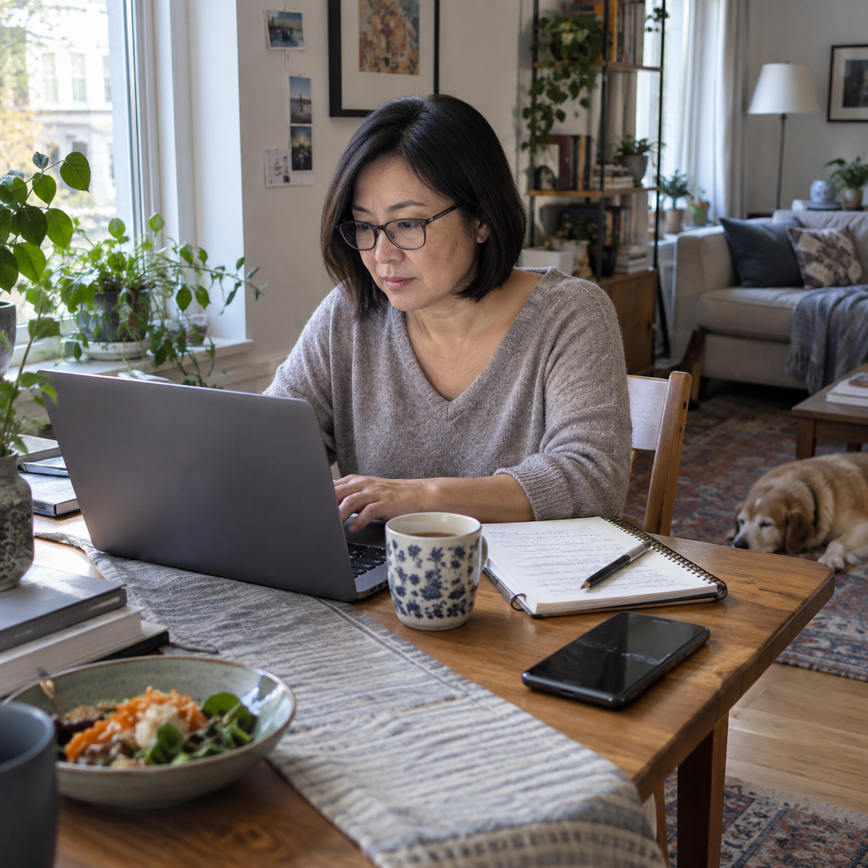 Woman working during a busy workday